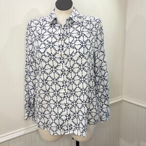 Charter Club Luxury Size XL Top Washable Linen Button Up Roll Sleeve Geo Print